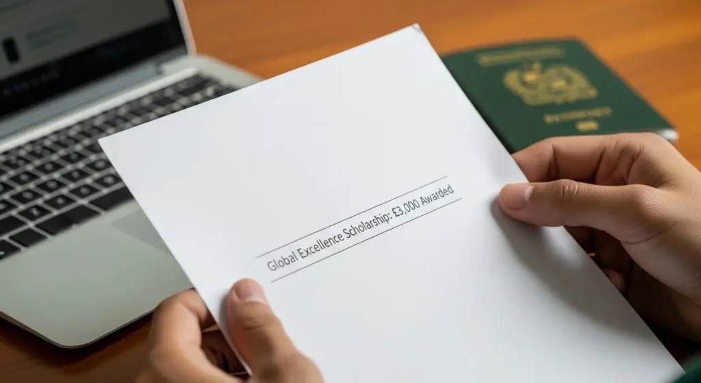 Offer letter showing 3000 pound scholarship discount for Pakistani student.