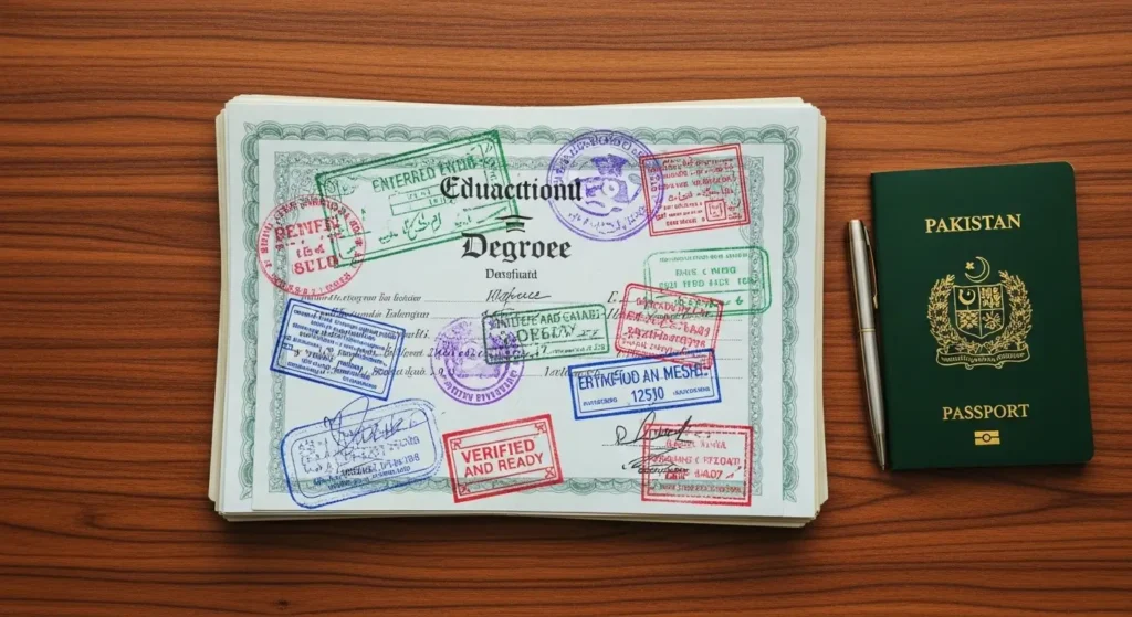 Official stamped degrees showing document attestation in Pakistan