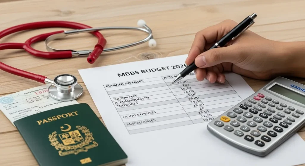 Medical student calculating tuition fees for MBBS in Kazakhstan vs Kyrgyzstan vs Georgia.