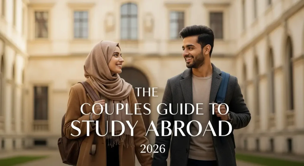 Pakistani couple walking on a campus representing the goal to study abroad with spouse from Pakistan.