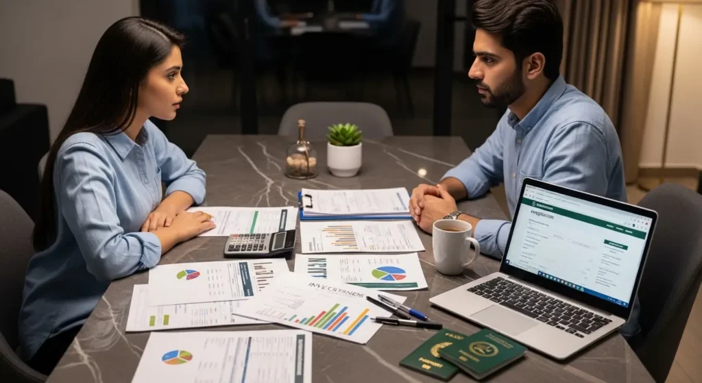 Couple organizing finances to study abroad with spouse from Pakistan