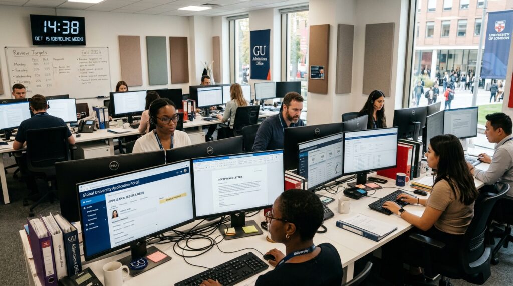 University admissions office processing applications for September 2026 UK university deadlines.